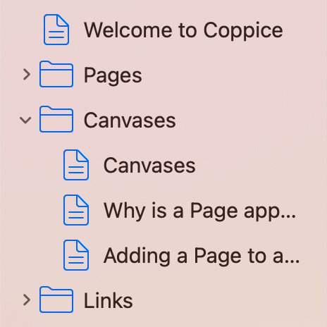 Coppice's sidebar, showing Pages grouped into Folders