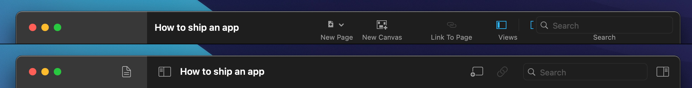 Two images of Coppice's toolbar on macOS Big Sur. The top toolbar image shows the toolbar icons all on the right, with some clipped icons and some icons the wrong size. The bottom toolbar shows the new page item shifted above the sidebar, the toggle sidebar and inspector items split up and put either side of the, and new icons for all toolbar items