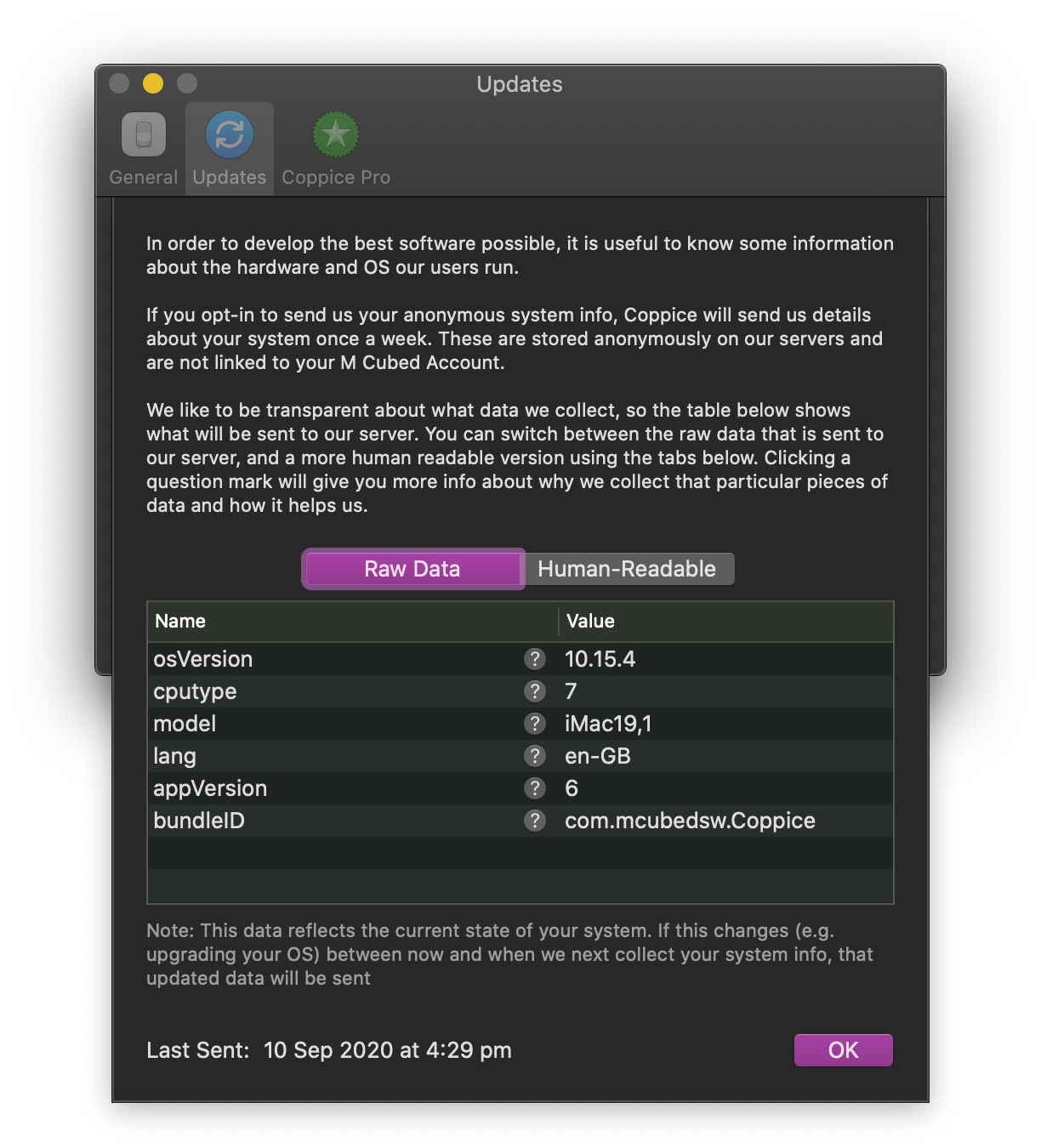 A sheet from Coppice's preferences explaining why analytics are collected. Below is a table showing the data that is sent (OS Version, CPU Type, Model, Language, App Version, and Bundle ID). Above the table is a toggle allowing users to switch between the Raw data or a human readable version