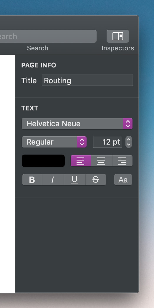 The right side of a Mac window showing inspectors for editing the Page title, and for styling text inside the page.