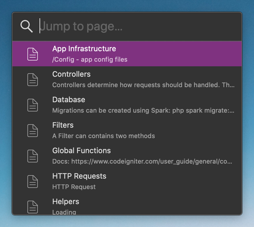 A window with a search field at the top with the placehold text 'Jump to page' and a magnifying glass icon to the left. Below is a list of pages showing the titles and a snippet of content from each page