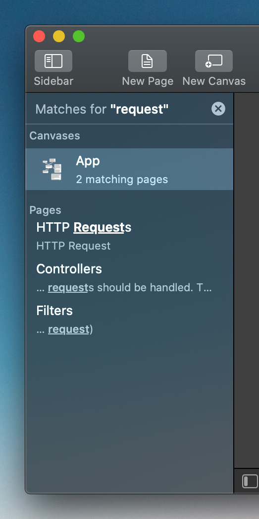 A standard mac sidebar showing the results for the search term 'request'. At the top it says 'Matches for 'request''. Below it lists canvases and pages that match, showing titles and content. The canvas row states it has 2 matching pages. The three matching pages highlight the matching term in their title or content