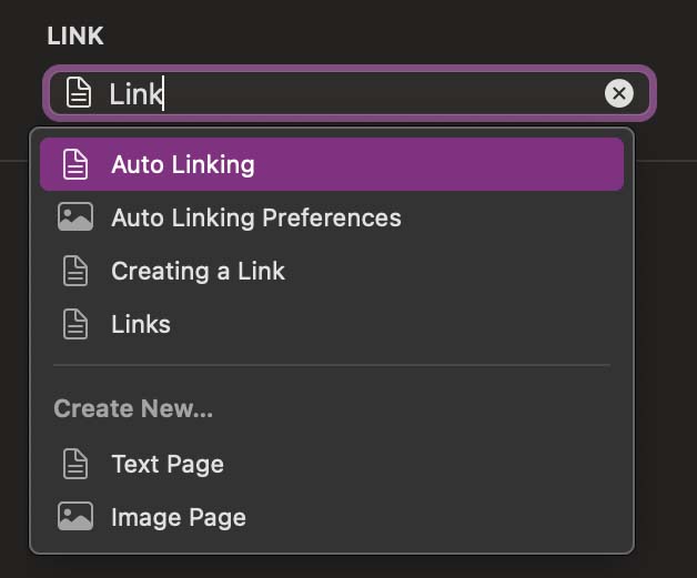 An inspector in Coppice titled Link. It contains a text field with the word 'Link' entered. To the left is a page icon and the right a button with a cross. Below is a menu showing auto-complete options matching the entered text, plus options to create a new text or image page
