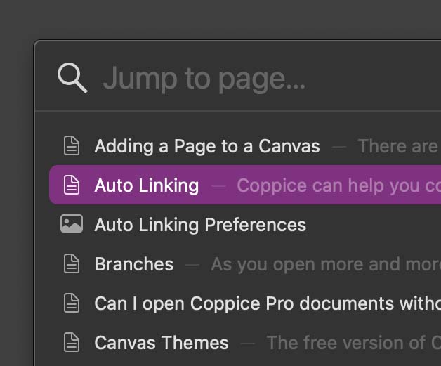 An inspector in Coppice titled Link. It contains a text field with the word 'Link' entered. To the left is a page icon and the right a button with a cross. Below is a menu showing auto-complete options matching the entered text, plus options to create a new text or image page