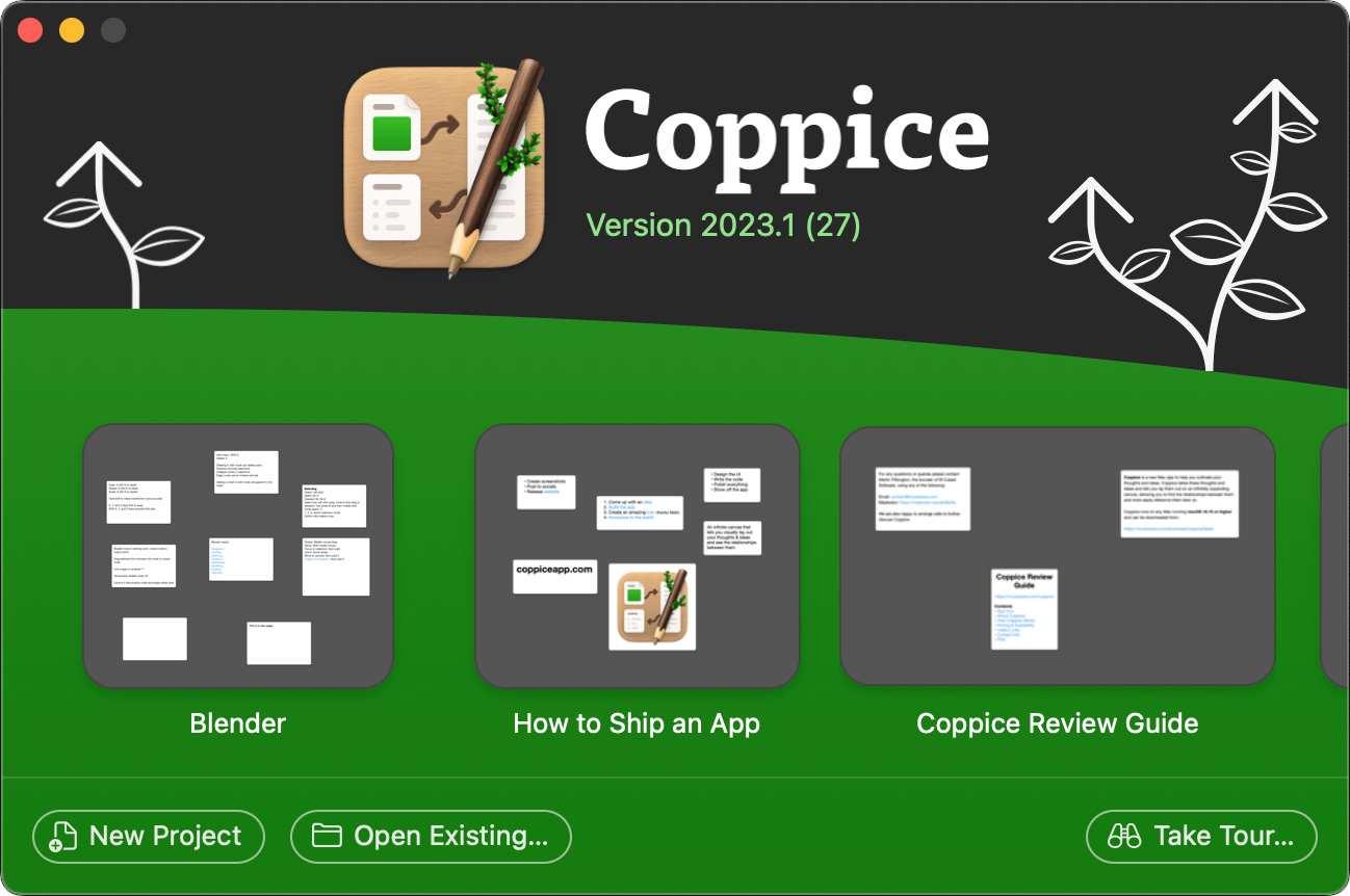 Screenshot of Coppice's new welcome screen. The screen appears like a stylised hill with a title at the top and