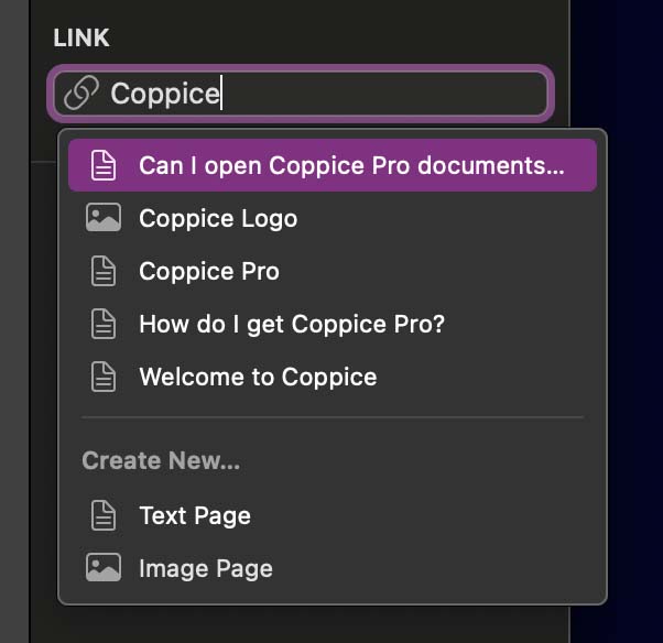 The link inspector with the word 'Coppice' typed in the control, with an auto complete based on the page selector