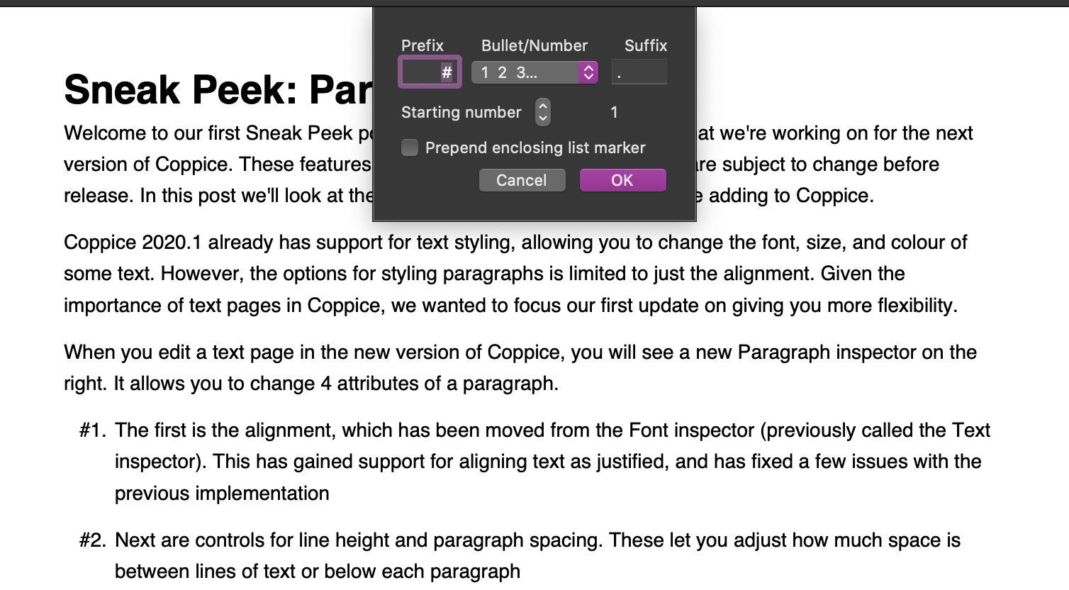 A text page in coppice with a sheet appearing over it. The sheet has options for customising a list, including the bullet/number, any prefix or suffix, and the starting number.