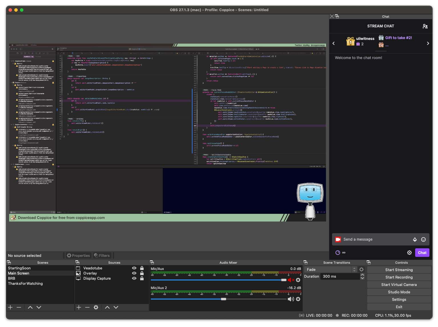 Screenshot of OBS. The top left is a preview of the screen. On the right is a Twitch chat. On the bottom are areas for Scenes, Sources, Audio, and Controls