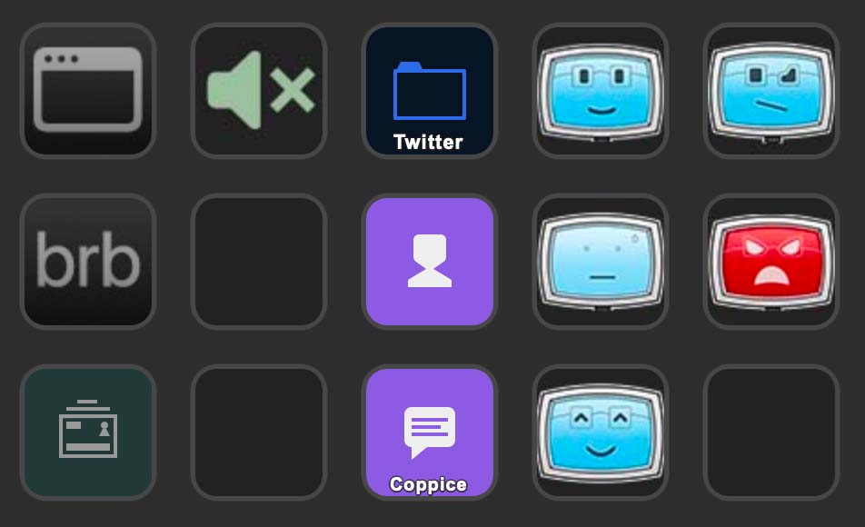 Screenshot of streamdeck app. On the left are buttons for controlling OBS, in the middle are buttons for twitter and twitch, and on the right are buttons for controlling avatar expressions