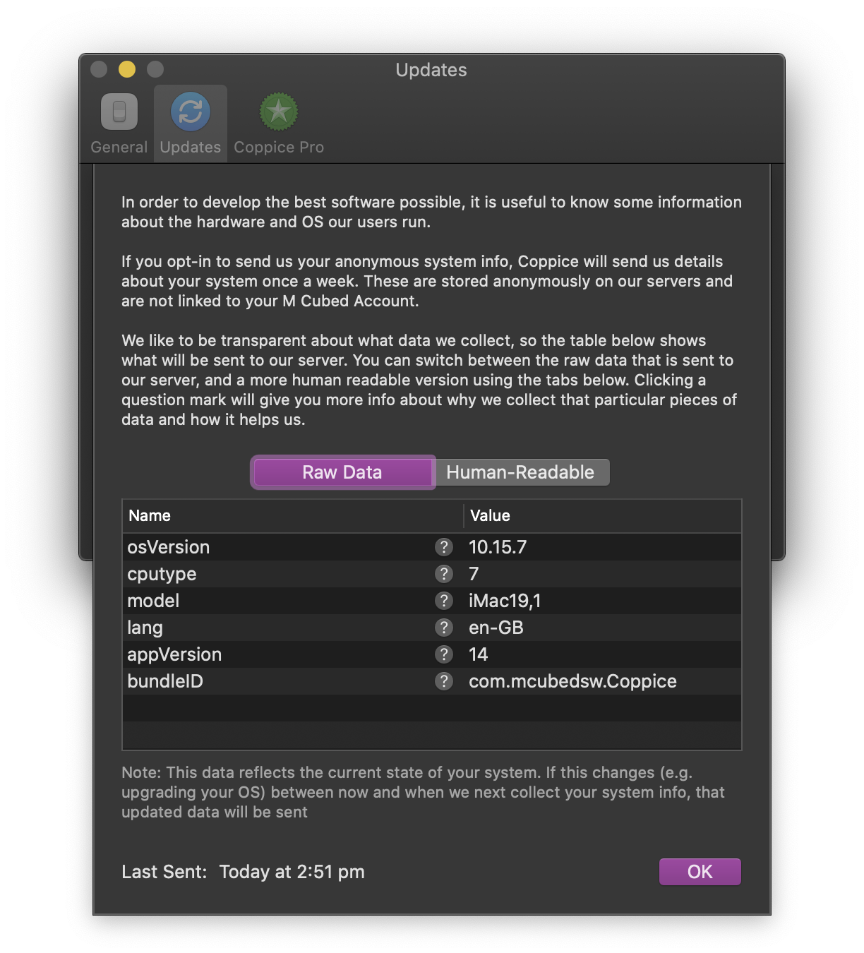 A sheet from Coppice's preferences explaining why analytics are collected. Below is a table showing the data that is sent (OS Version, CPU Type, Model, Language, App Version, and Bundle ID). Above the table is a toggle allowing users to switch between the Raw data or a human readable version