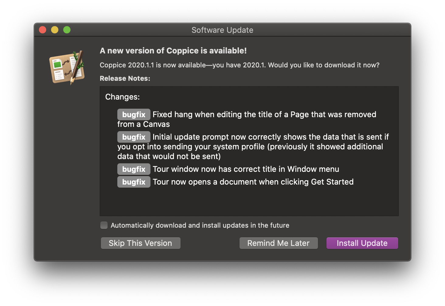 A standard Sparkle Software Update window running in Coppice. It has a title 'A new version of Coppice is available!', followed by text saying 'Coppice 2020.1.1 is now available–you have 2020.1. Would you like to download it now?'. Below are release notes followed by buttons to 'Skip this version', 'Remind me later', or 'Install Update' (which is the focused button)
