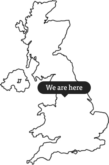 Map of the UK, an arrow labelled 'We are here' pointing at the north west of England